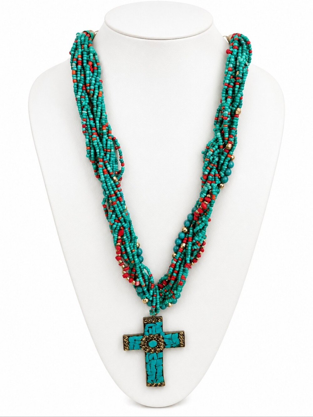 Turquoise & Red Beaded Multi-Strand Cross Necklace
